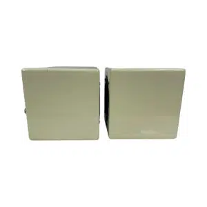 Avantone MixCube Passive speakers, off-white, square design, SN P07796 & P07797, preowned and displayed side by side.
