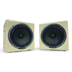 Avantone MixCube Passive studio monitor pair, cream cabinets with black cones, preowned, side by side on white background.