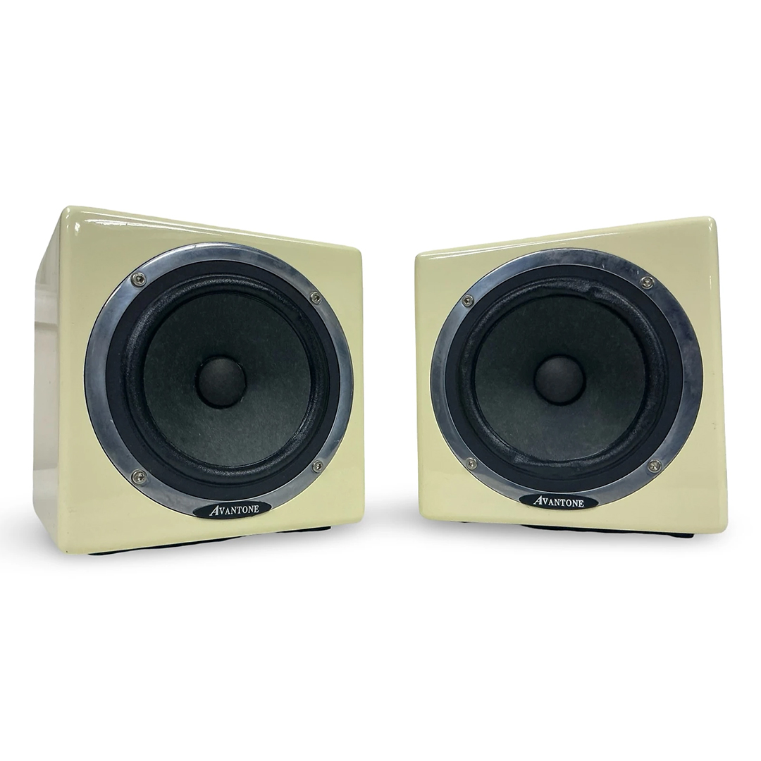 Avantone MixCube Passive studio monitor pair, cream cabinets with black cones, preowned, side by side on white background.