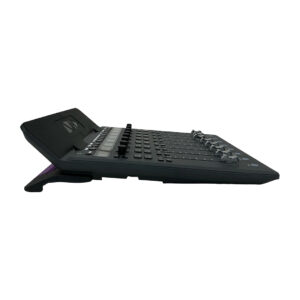 Preowned Avid S1 audio mixing console, black, side view showing sliders, buttons, tilted display panel; SN ENEOZ13600007F.