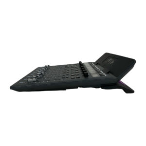 Preowned black Avid S1 audio mixing console, SN ENEOZ13600007F, side view with sliders, knobs; on stand, white background.