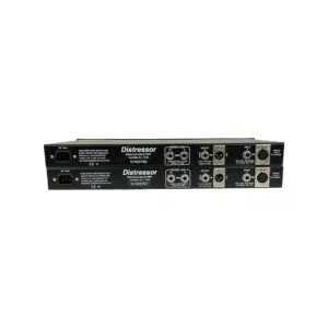 Preowned Empirical Labs EL8-X Distressor black rackmount pair; rear panel shows power, I/O, serials N22767/N22766, controls.