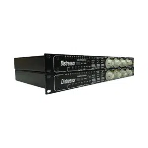 Empirical Labs EL8-X Distressor Pair, preowned, rack-mounted with knobs, buttons, and LED meters on white background.