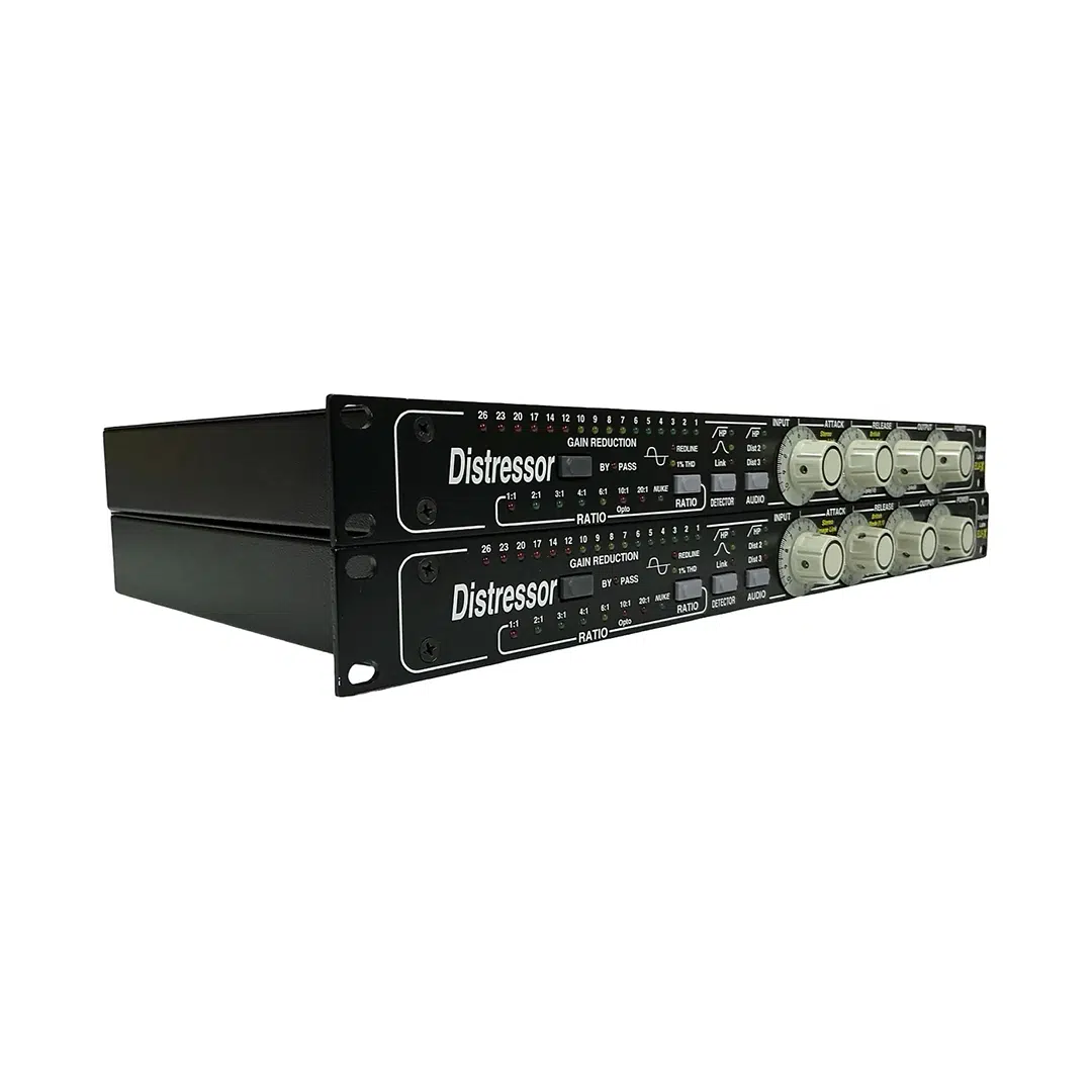 Empirical Labs EL8-X Distressor Pair, preowned, rack-mounted with knobs, buttons, and LED meters on white background.