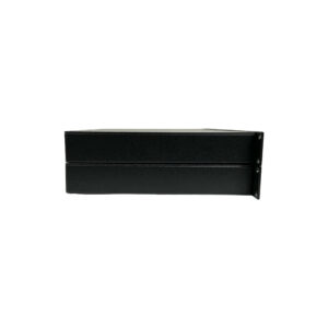 Black rackmount enclosure, resembles Empirical Labs EL8-X Distressor Pair; rectangular, black finish with two lines, screw holes right.