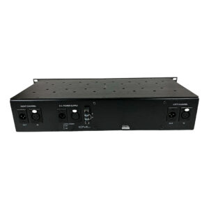 Back panel of black GML 8200 SN E3936 audio amp: labeled L/R I/O ports, DC power input, vented top.