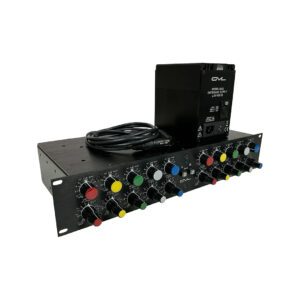 Preowned GML 8200 rackmount EQ (SN E3936), colorful knobs, with black external power supply and coiled cable on white.
