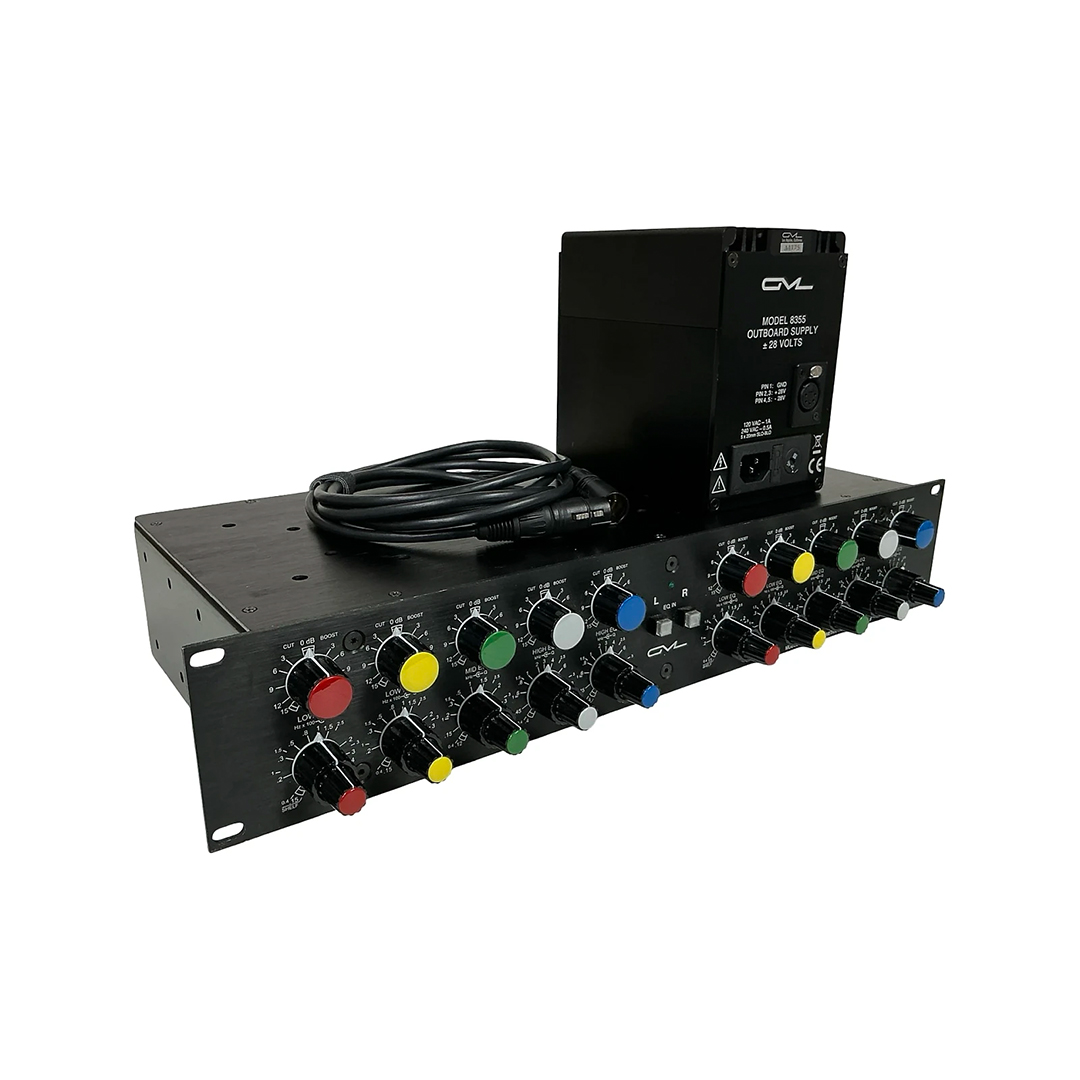 Preowned GML 8200 rackmount EQ (SN E3936), colorful knobs, with black external power supply and coiled cable on white.