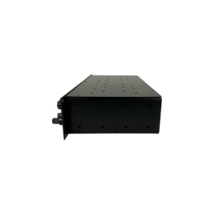 Preowned GML 8200 SN E3936 black metal rackmount box, front view, with vent holes and cylindrical left-side connectors.