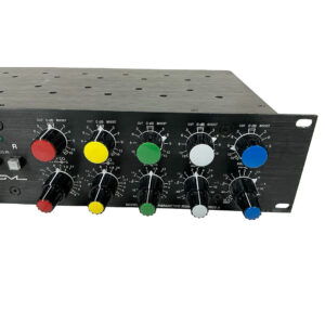 Preowned black GML 8200 rackmount audio equalizer, SN E3936, with eight colorful knobs and labeled frequency/gain controls.
