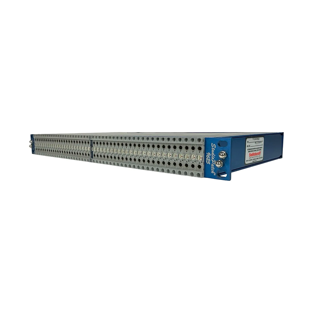 Preowned Switchcraft StudioPatch 9625 96-point DB25 patch panel, blue/silver rackmount, SN 08C13103414, on white background.