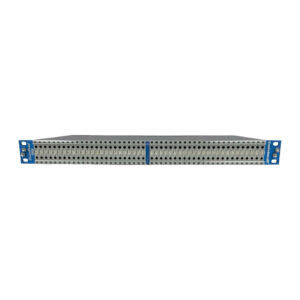 Switchcraft StudioPatch 9625 fiber optic patch panel, 96 points, DB25, blue brackets, rackmount, metallic finish.