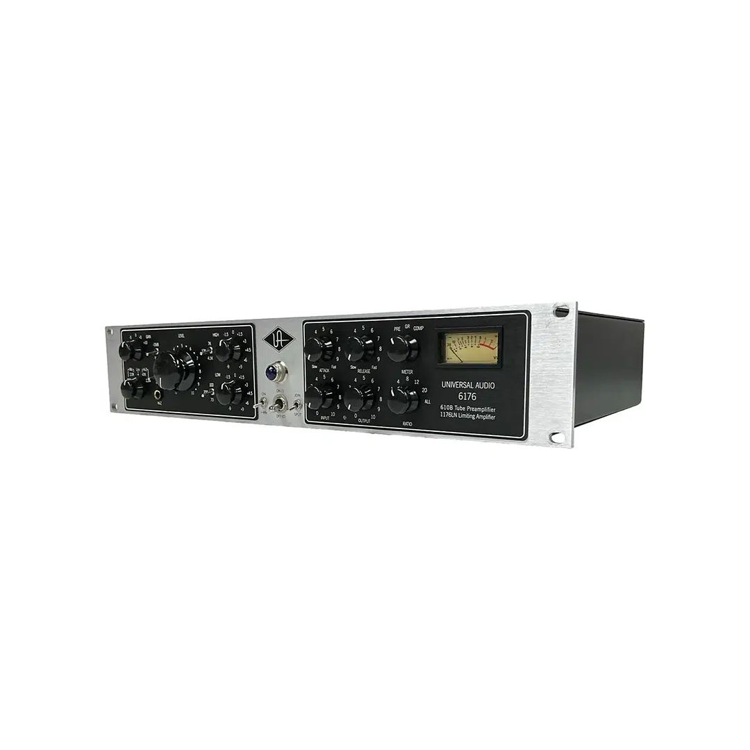 Universal Audio 6176 (SN 5396) preowned silver/black rackmount channel strip with analog meter, dials, and switches.