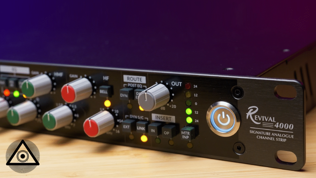 Revival 4000 analog rack channel strip with colorful knobs, LEDs, wood panel, and triangle logo on front.