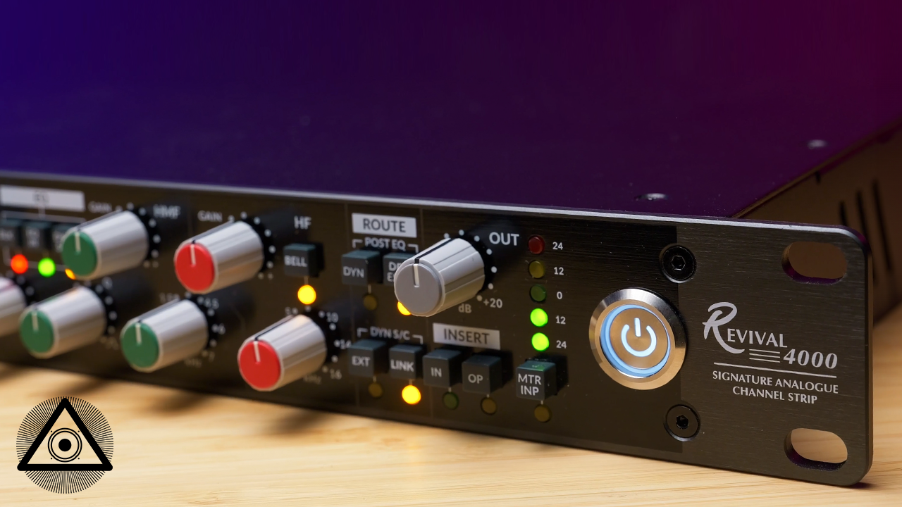 Revival 4000 analog rack channel strip with colorful knobs, LEDs, wood panel, and triangle logo on front.