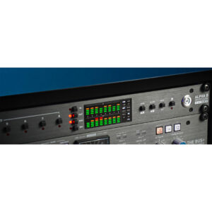 SSL Alpha 8 rackmount converter with LED meters, buttons, and knobs; blue background; labeled right side visible.