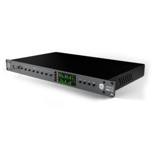 SSL Alpha 8 AD/DA Converter, black 1U rackmount, with front-panel knobs, buttons, LEDs, and a digital level meter display.