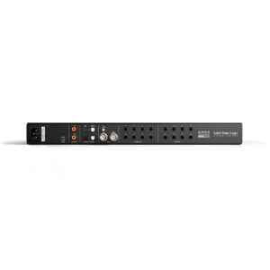 SSL Alpha 8 AD/DA Converter rear panel with labeled power, BNC, XLR, TRS, and digital ports on a sleek black rackmount unit.