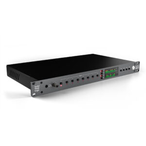 SSL Alpha 8 black rackmount AD/DA converter with knobs, buttons, headphone jack, and LED meter on a white background.