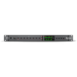 SSL Alpha 8 rackmount AD/DA converter in black, with knobs, control buttons, I/O ports, and LED meters on the front panel.