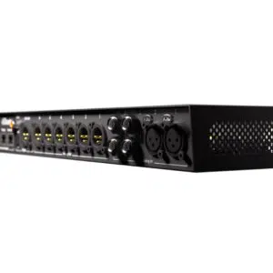 NOVA rackmount audio interface with XLR and 1/4 ports, Trinnov 2-channel licenses, all on a white background.
