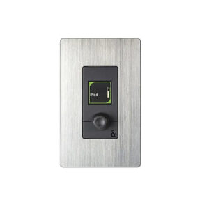 Allen & Heath AH-IP-1B wall plate: brushed metal, black panel, display with iPod/battery icons, and round selection knob.