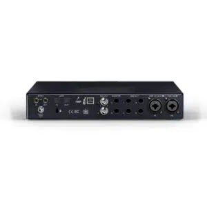 Antelope Audio Discrete 4 Pro Synergy Core rear panel with XLR combo jacks, monitor/line outs, MIDI, S/PDIF, ADAT, USB.