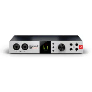 Antelope Audio Discrete 4 Pro: silver/black desktop audio interface with digital screen, large knob, combo inputs, dials/buttons.