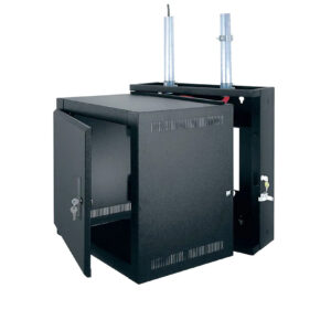 Middle Atlantic EWR-10-22SD black wall-mount rack with ventilated lockable door, two top supports, partially open, empty inside.