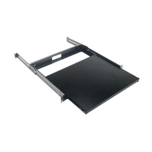 Middle Atlantic SSL 1RU black rackmount sliding shelf with brackets, partially extended; fits under-desk or server racks.