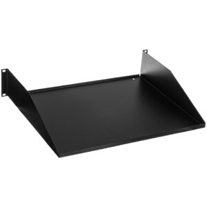 Middle Atlantic U2 black rack shelf with angled sides, flat base; wall-mounted, double space rackmount design on white background.