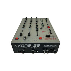 Preowned silver Allen & Heath XONE 32 DJ mixer, SN X32/120X 115469, with faders, knobs, and buttons; front angle on white.
