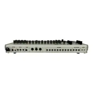 Back of preowned Behringer RD-9, gray rectangular drum machine with ports, top knobs, and labeled connections.
