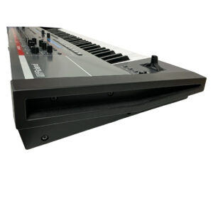 Roland Juno X SN Z5N1615 used keyboard synth, black, close-up of keys, knobs & joystick shown on white background.