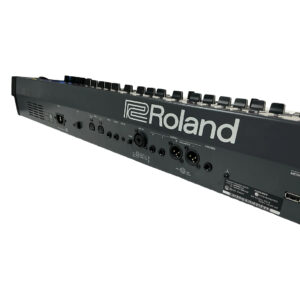 Roland Juno X SN Z5N1615 keyboard (preowned), black, rear view with MIDI, USB, XLR, 1/4" jacks; Roland logo displayed.