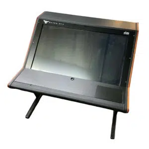 Slate Media Technology Slate Raven MTX2 preowned touchscreen, black frame, wide display, two legs for stable tabletop use.