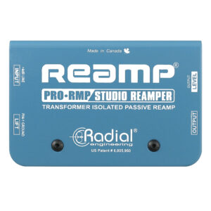 Radial ProRMP blue passive reamp box, transformer-isolated, input/output jacks, white text labels; studio-ready.