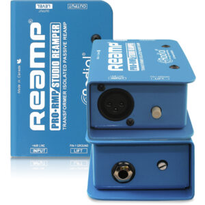 Three blue Radial ProRMP Re-Amping Boxes with input/output jacks, switches, and Reamp branding on their compact housings.