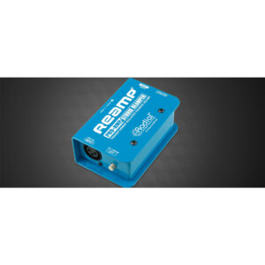 Radial ProRMP blue re-amping box with “Reamp” label and multiple I/O ports on a dark gradient background.