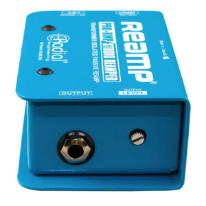 Blue Radial ProRMP Re-Amping Box with input/output jacks, Output Level knob, and clear branding on compact chassis.