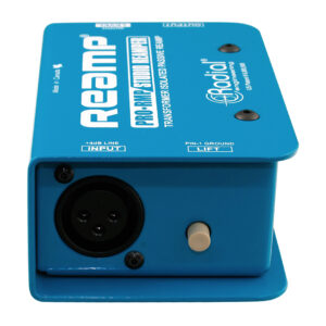 Radial ProRMP blue re-amping box with XLR input, labeled controls, white logo text, and angled metal enclosure.