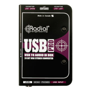 Radial USB-Pro 2-channel black direct box with white/purple text, labeled ports, and high-quality audio conversion.