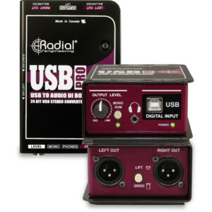 Radial USB-Pro 2-channel DI box, black/purple, features USB input, XLR outs, level control, mono/sum, and lift/ground.