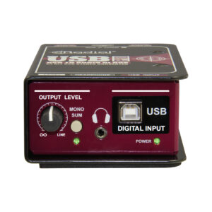Radial USB-Pro 2-channel DI box close-up showing output knob, mono/sum switch, headphone jack, USB port, green indicators.