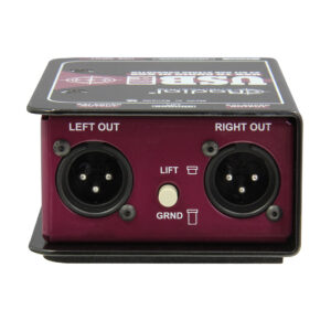 Radial USB-Pro 2-channel DI box, black/maroon design, front with dual XLR outs (Left/Right), and Lift/Grnd switch visible.