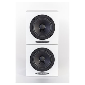 Auratone 5C Active pair, compact white studio monitors stacked vertically on a plain white background.