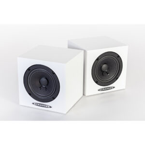 Auratone 5C Active white cube speakers with black drivers and front labels, shown on a clean white background.