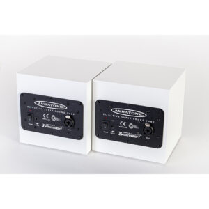 Auratone 5C Active White speakers, pair, side by side with visible black rear panels featuring ports, switches, and labels.