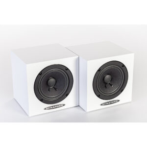 Auratone 5C Active white speakers (pair) with black drivers, side by side on a white surface, logo visible below cone.