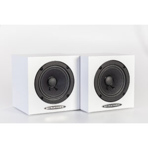 Auratone 5C Active white studio monitors, set side by side, displayed against a plain white background.